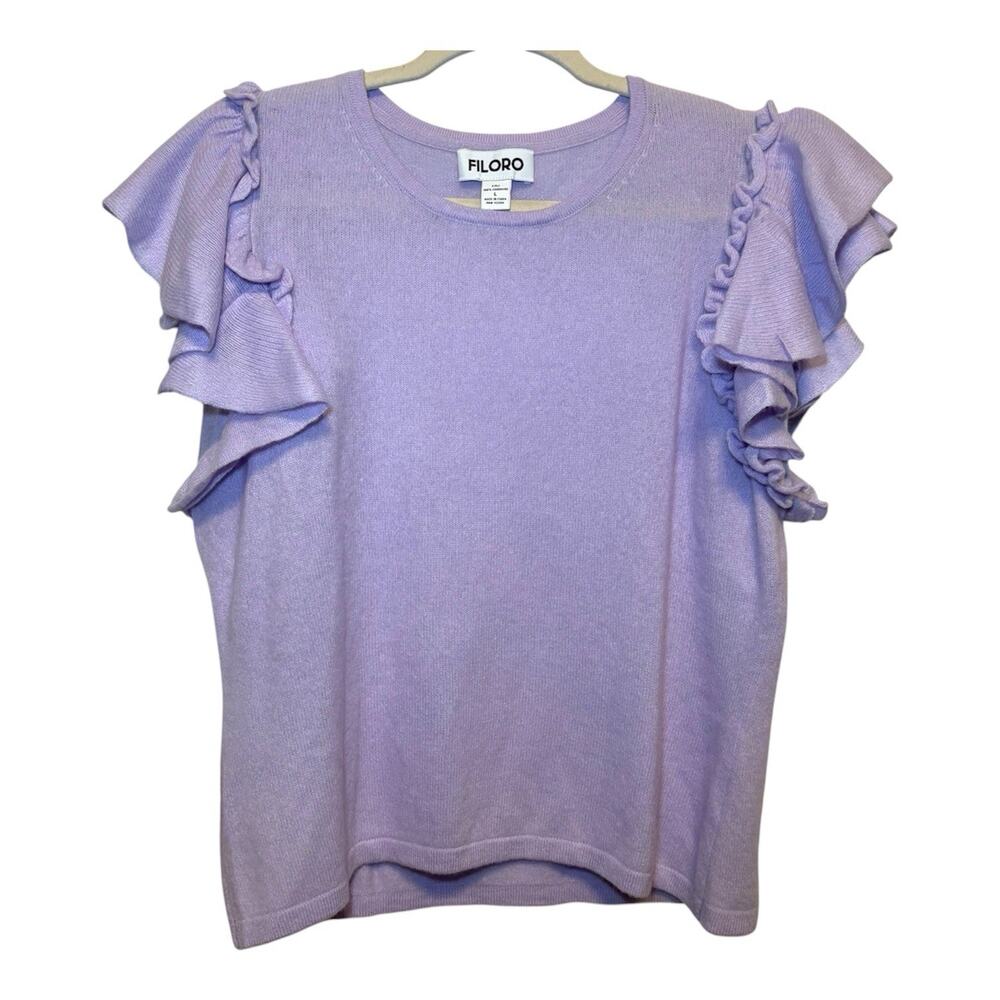 Filoro Top Womens Large 2-Ply 100% Cashmere Purple Ruffle Knit Soft Cozy Office